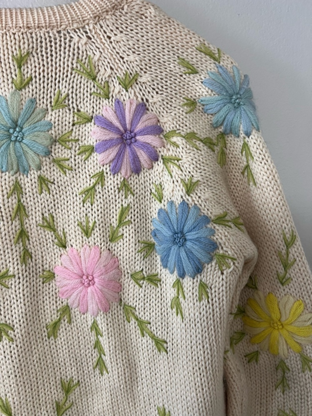 Vintage Fully FashionedHand Embroidered Wool Floral Cardigan Sweater Cottagecore - Picture 11 of 14